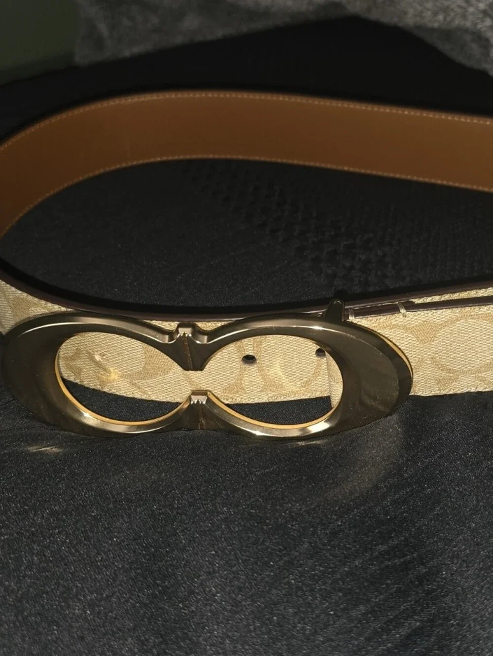 Coach Women's Signature Canvas Belt in Beige with Gold Buckle and Tan Trim